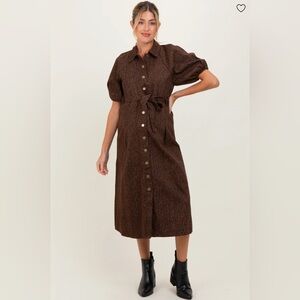 Pinkblush Brown Floral Button Front Waist Tie Maternity Midi Dress - Small